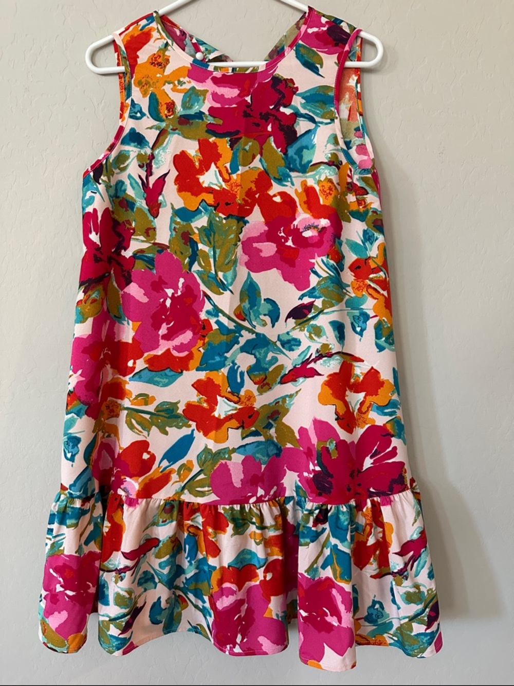 Floral Ruffle Hem Sleeveless Dress - Bright Pink Multi size M